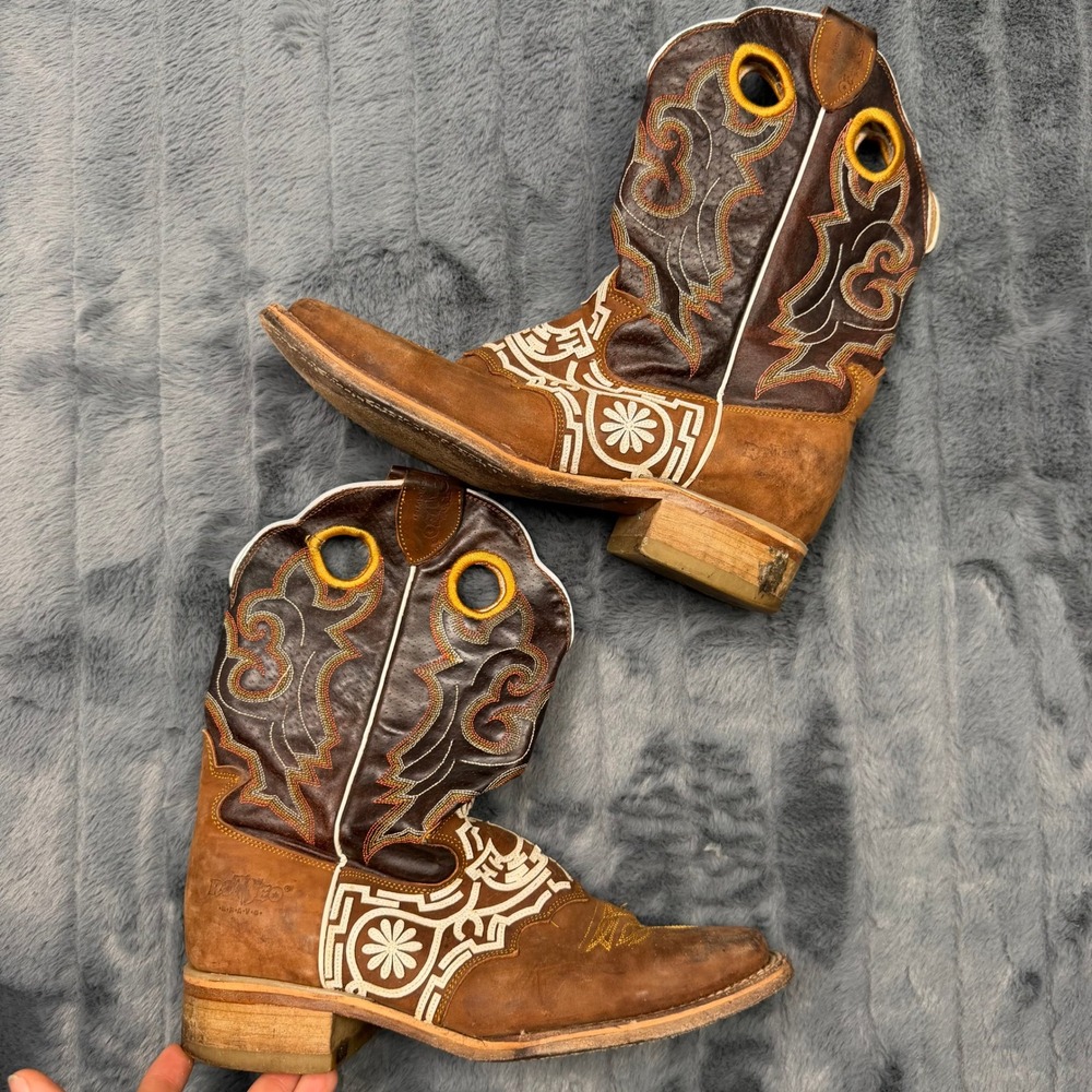 Rodeo Bravo Mens Brown Leather Square Toe Cowboy Boots Size 8 Embroidered Mexico